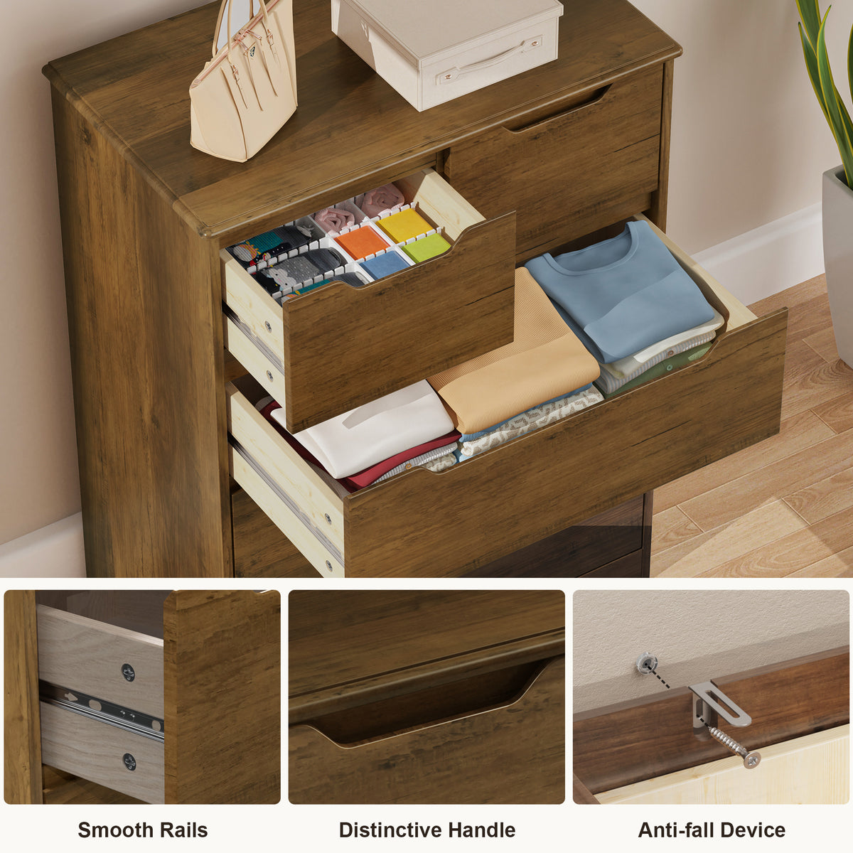 Brown 5 Drawer Dresser, Lofka Space-Saving Dresser for Bedroom with Cu ...