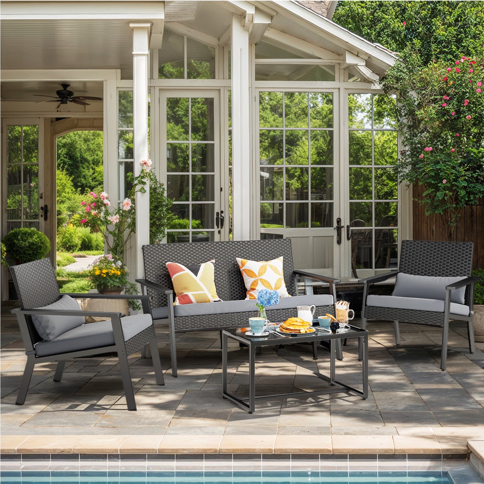 Patio Furniture Set 4 Pieces , Lofka Outdoor Rattan Conversation Set with Glass Coffee Table for Balcony, Garden, Backyard, Porch (Grey Cushion)