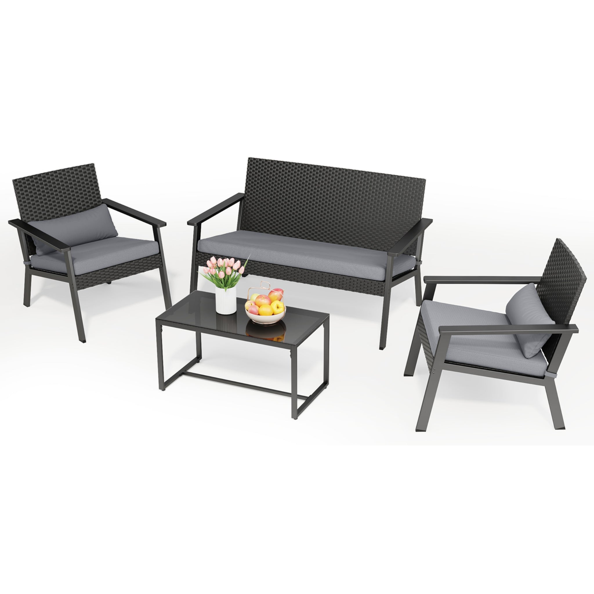 Patio Furniture Set 4 Pieces , Lofka Outdoor Rattan Conversation Set with Glass Coffee Table for Balcony, Garden, Backyard, Porch (Grey Cushion)