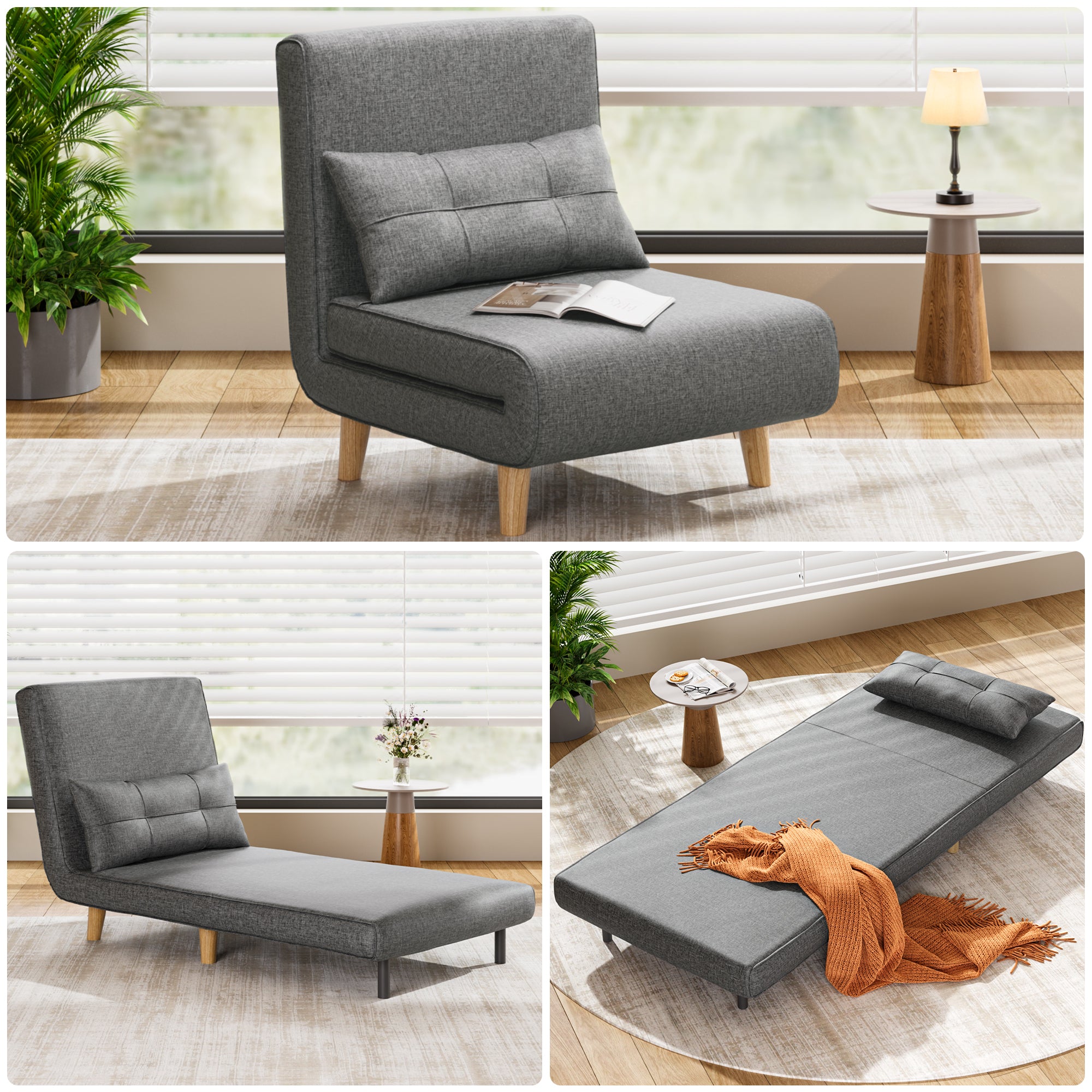 Convertible Folding Sofa Bed, Lofka Sleeper Couch with Pillow & 6-Position Adjustable Backrest for Living Room, Home Office, Dark Grey