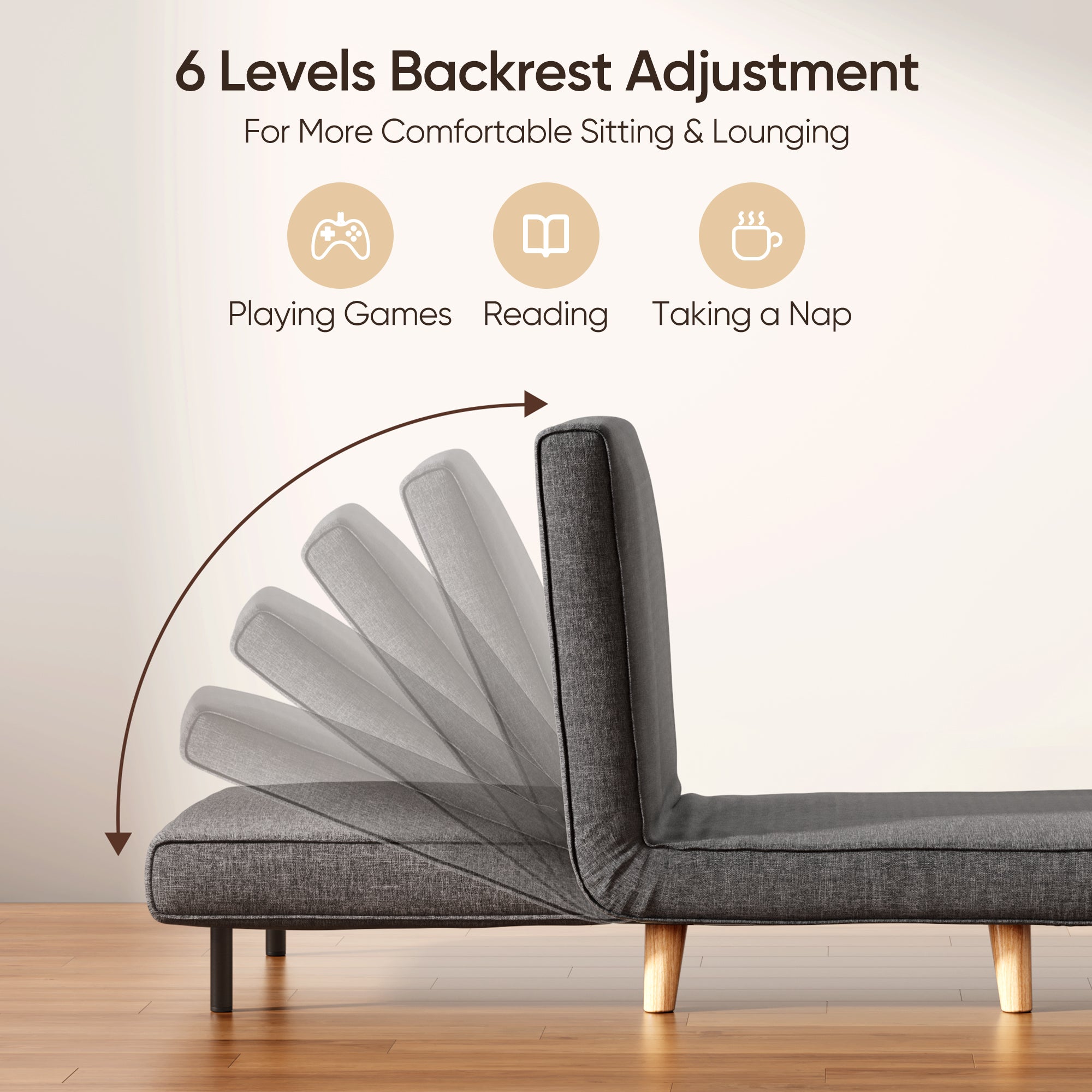 Convertible Folding Sofa Bed, Lofka Sleeper Couch with Pillow & 6-Position Adjustable Backrest for Living Room, Home Office, Dark Grey