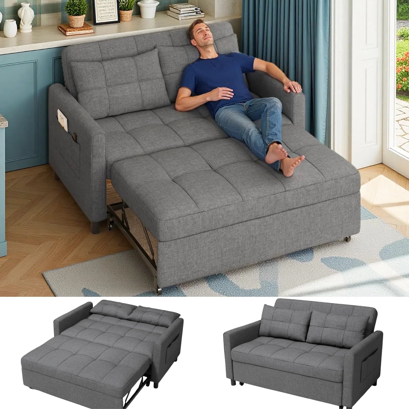 Sofa Bed, Lofka 3-in-1 Convertible Sleeper Sofa with Storage, Adjustab ...
