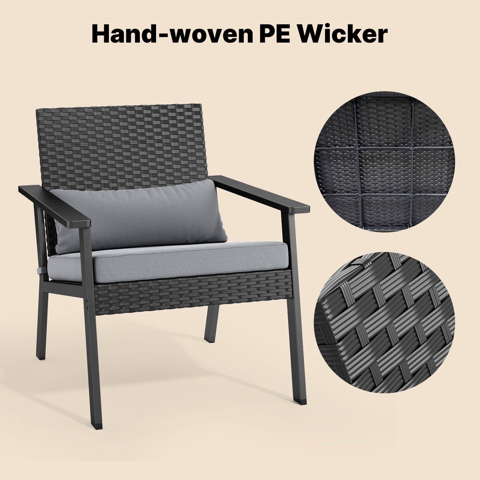 Patio Furniture Set 4 Pieces , Lofka Outdoor Rattan Conversation Set with Glass Coffee Table for Balcony, Garden, Backyard, Porch (Grey Cushion)
