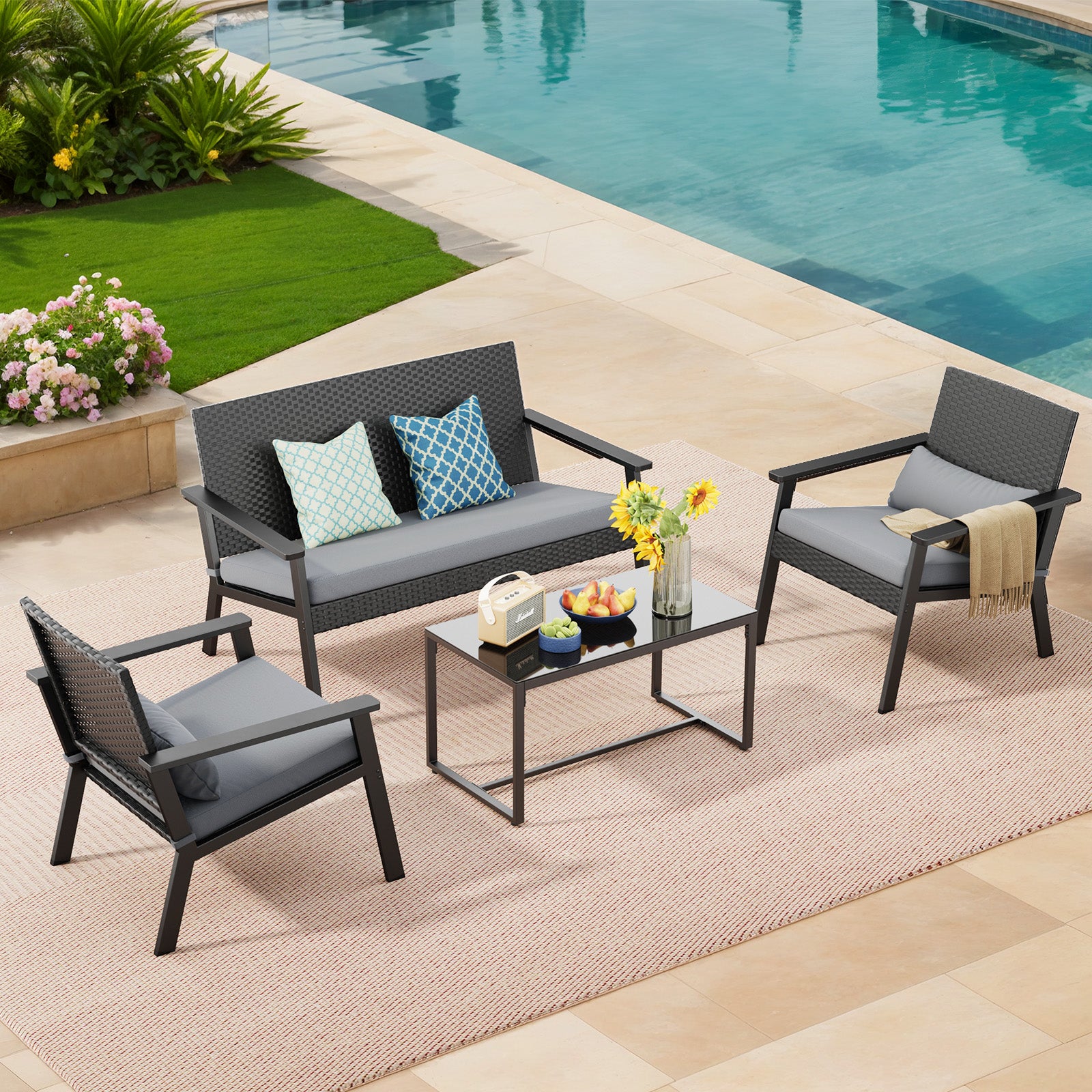 Patio Furniture Set 4 Pieces , Lofka Outdoor Rattan Conversation Set with Glass Coffee Table for Balcony, Garden, Backyard, Porch (Grey Cushion)