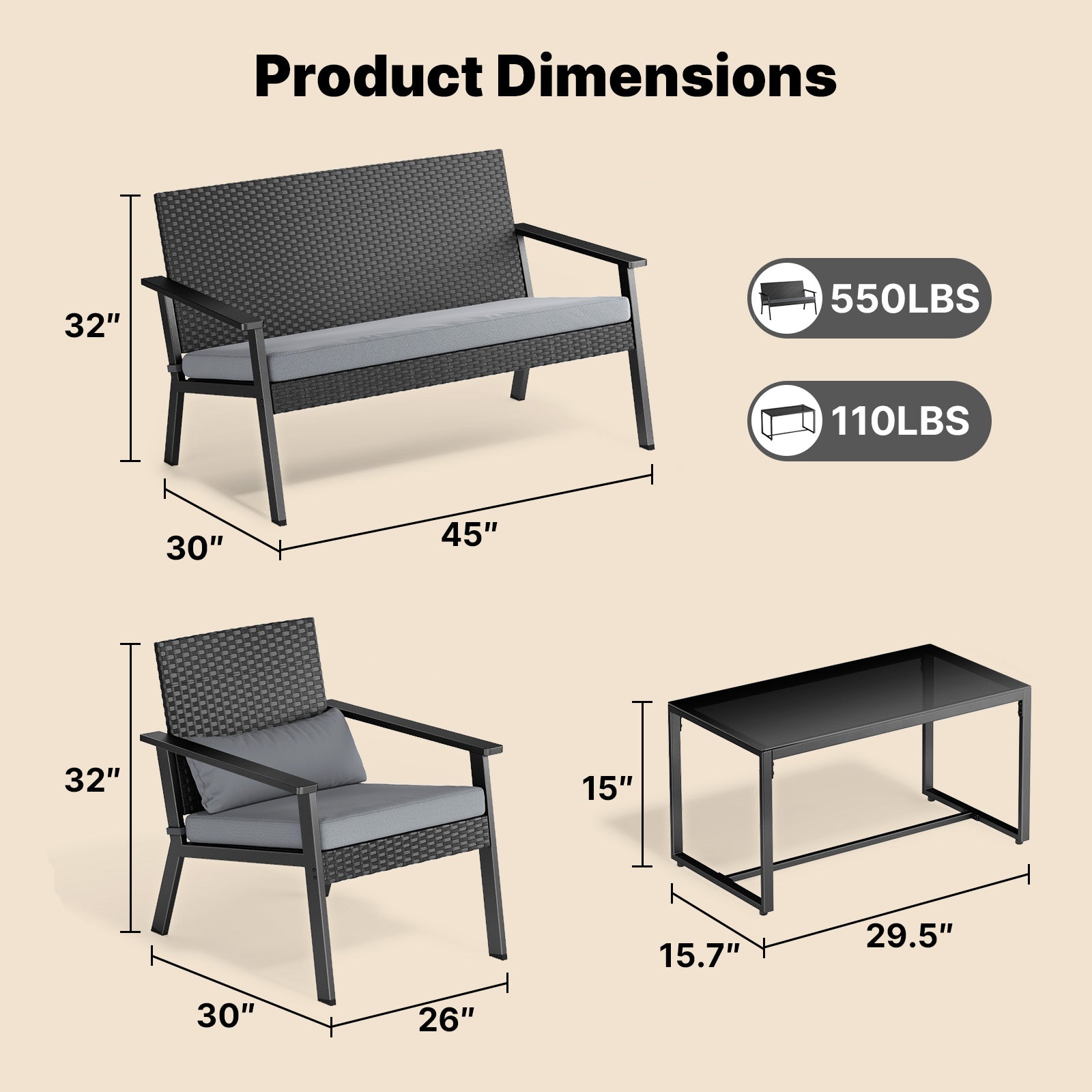 Patio Furniture Set 4 Pieces , Lofka Outdoor Rattan Conversation Set with Glass Coffee Table for Balcony, Garden, Backyard, Porch (Grey Cushion)